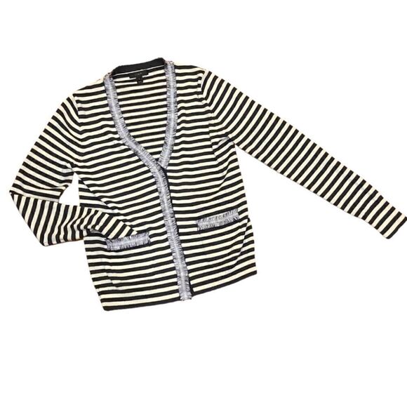 J.Crew Striped Wool Knit, Hidden Button Front Cardigan, Front Pocket Accents | S - Picture 1 of 8